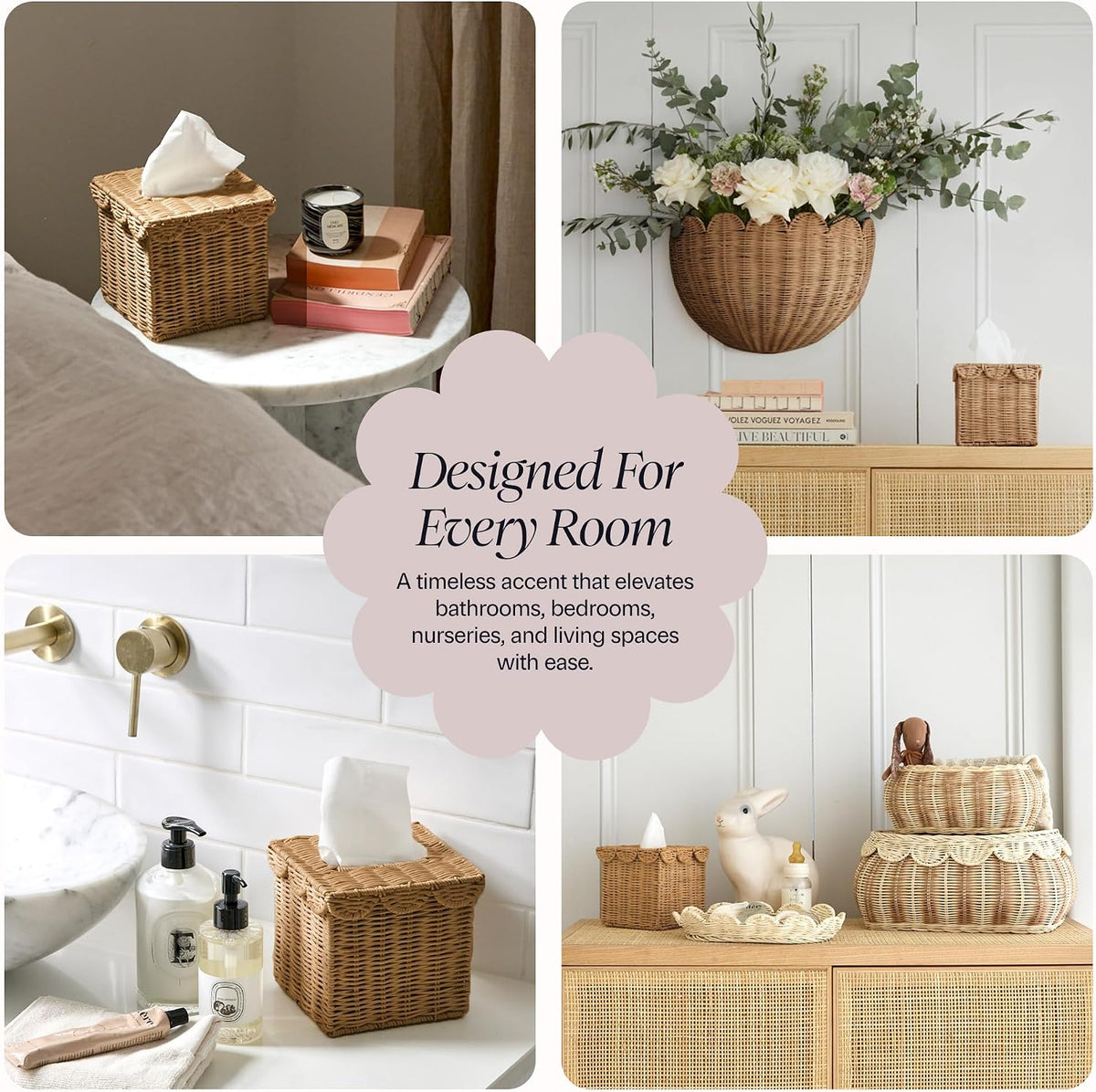 BEBE BASK Handwoven Scalloped Square Tissue Box Cover (4.5 × 4.5 × 5.3 in)