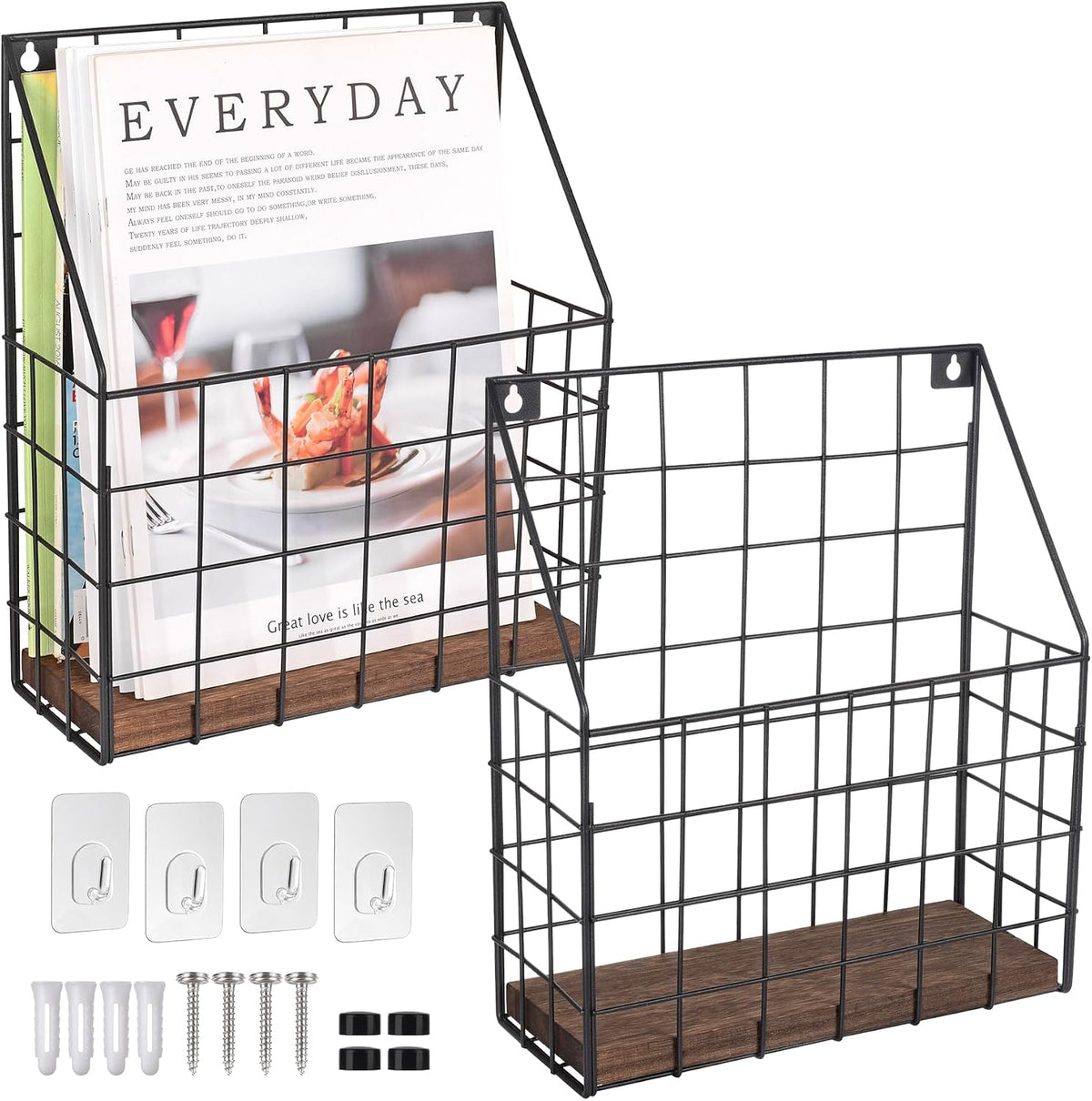 Mail Holder Magazine Basket 2Pack Black Wall Mount File Organizer Wood Rack