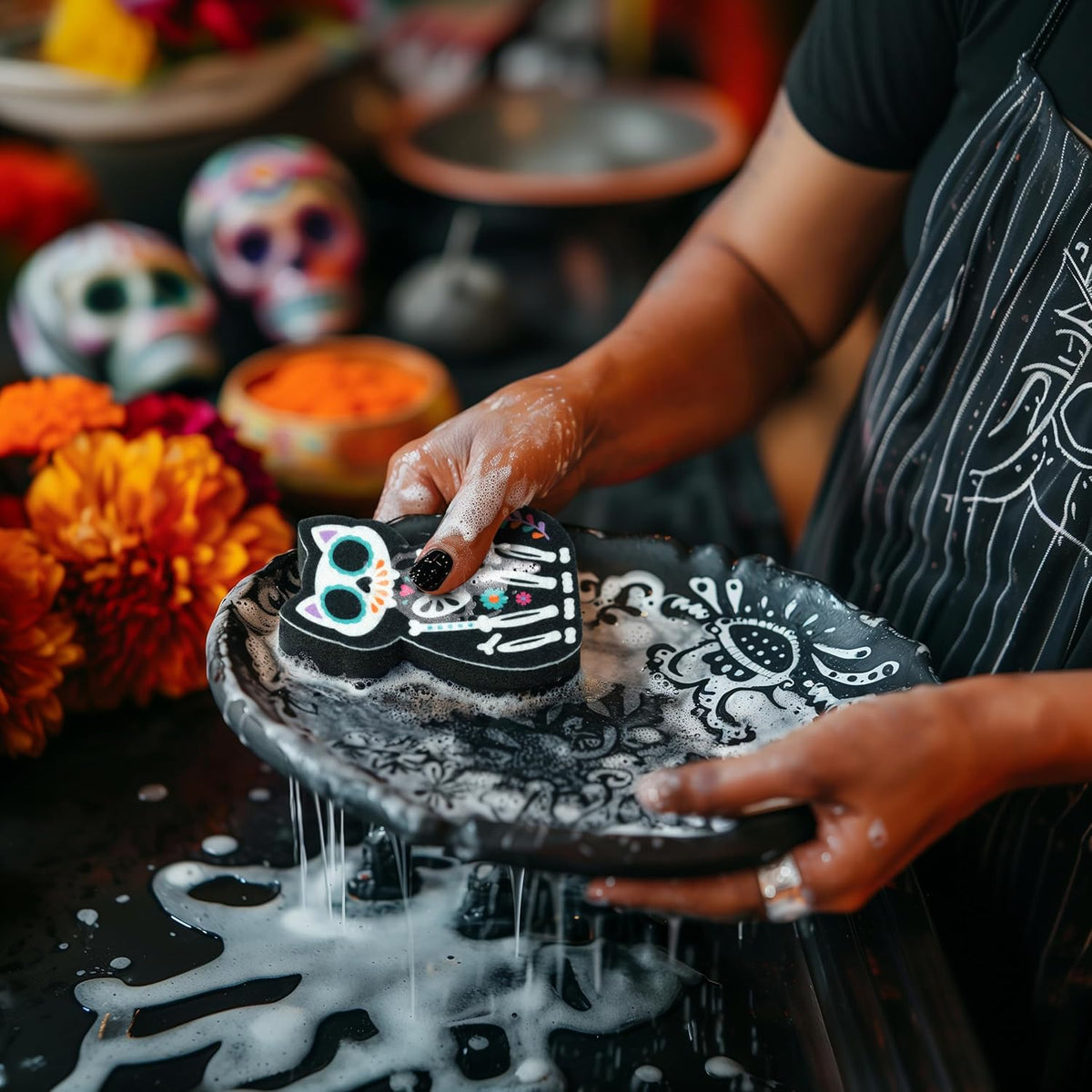 Genuine Fred Feline Clean Kitchen Sponges, Set of 2, Day of the Dead-Inspired Cat-Shaped Sponges, Fun and Quirky Kitchen Accessory