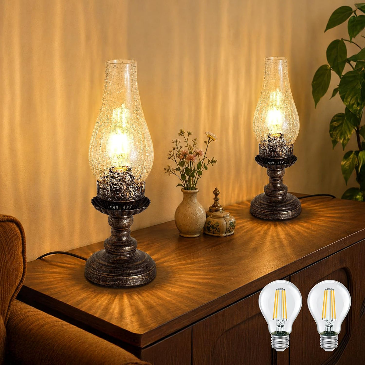 Set of 2 Vintage Table Lamps, Oil Lamp Style, E26 3-Level Dimming