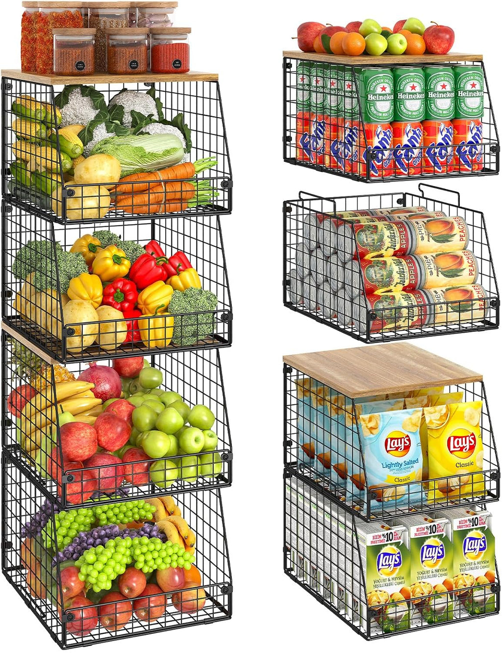 Jakyitvi 4 Pack Stackable Wire Baskets with Fixed Wooden Top, Vegetable Fruit Storage Bins for Onion Potato Snack, Pantry Baskets for Kitchen Cabinet Countertop, Pantry Organizers and Storage Rack