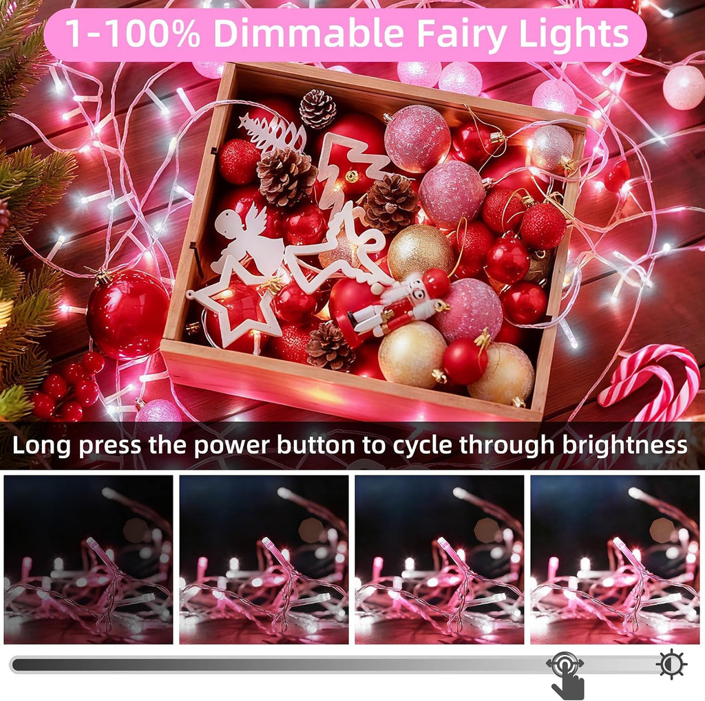 WISD Christmas Lights 43ft 200 LED Fairy String Lights with 12 Modes and Memory, Plug in String Lights for Indoor Outdoor Christmas Tree Home Garden Wedding Party Decoration, Pink+White