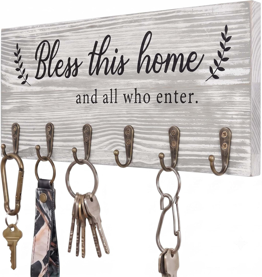 AHYS Key Holder Wall Mount with Words “Bless This Home”, Rustic Wooden Key Hanger with 6 Hooks for Farmhouse Home Entryway Living Room Decor - Light Grey