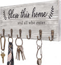 AHYS Key Holder Wall Mount with Words “Bless This Home”, Rustic Wooden Key Hanger with 6 Hooks for Farmhouse Home Entryway Living Room Decor - Light Grey