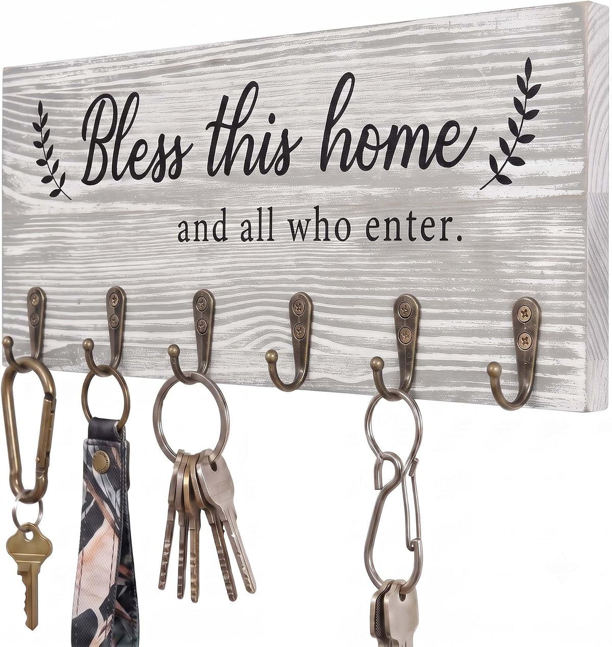 AHYS Key Holder Wall Mount with Words “Bless This Home”, Rustic Wooden Key Hanger with 6 Hooks for Farmhouse Home Entryway Living Room Decor - Light Grey
