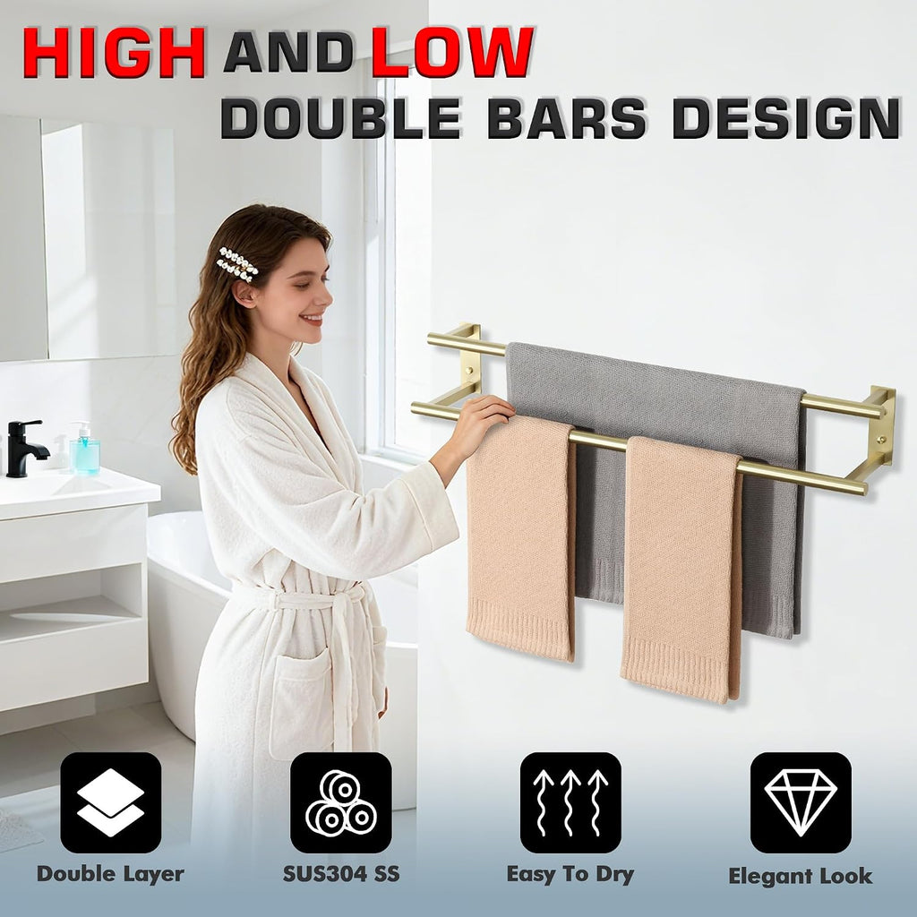 Alise 28‘’ Double Towel Bar for Bathroom Wall Mounted, Brushed Gold