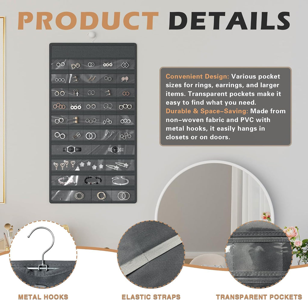Hanging Jewelry Organizer, Double-Sided Necklaces Holder, Dark Gray