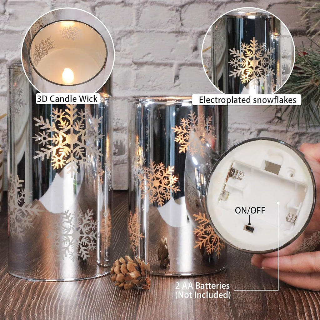 Crystal Club Christmas Flameless Candles with Remote, Set of 3, Snowflake Plating Battery Operated LED Candles, Glass Effect Pillar Candle Flickering with Remote for Home Decor