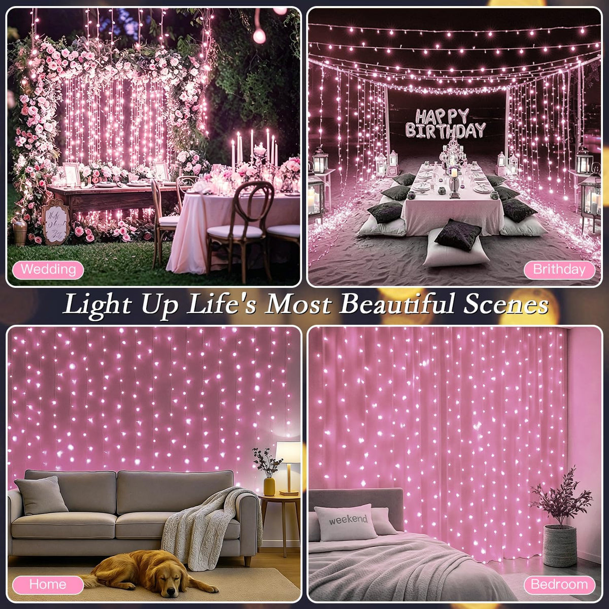 300 LED Pink Curtain String Lights 9.8x9.8FT, Plug in Fairy Lights, 9 Hooks, Dimmable Timer 8 Modes, IP44 Waterproof, Princess Girls Bedroom Wall Wedding Party Birthday Indoor Decor