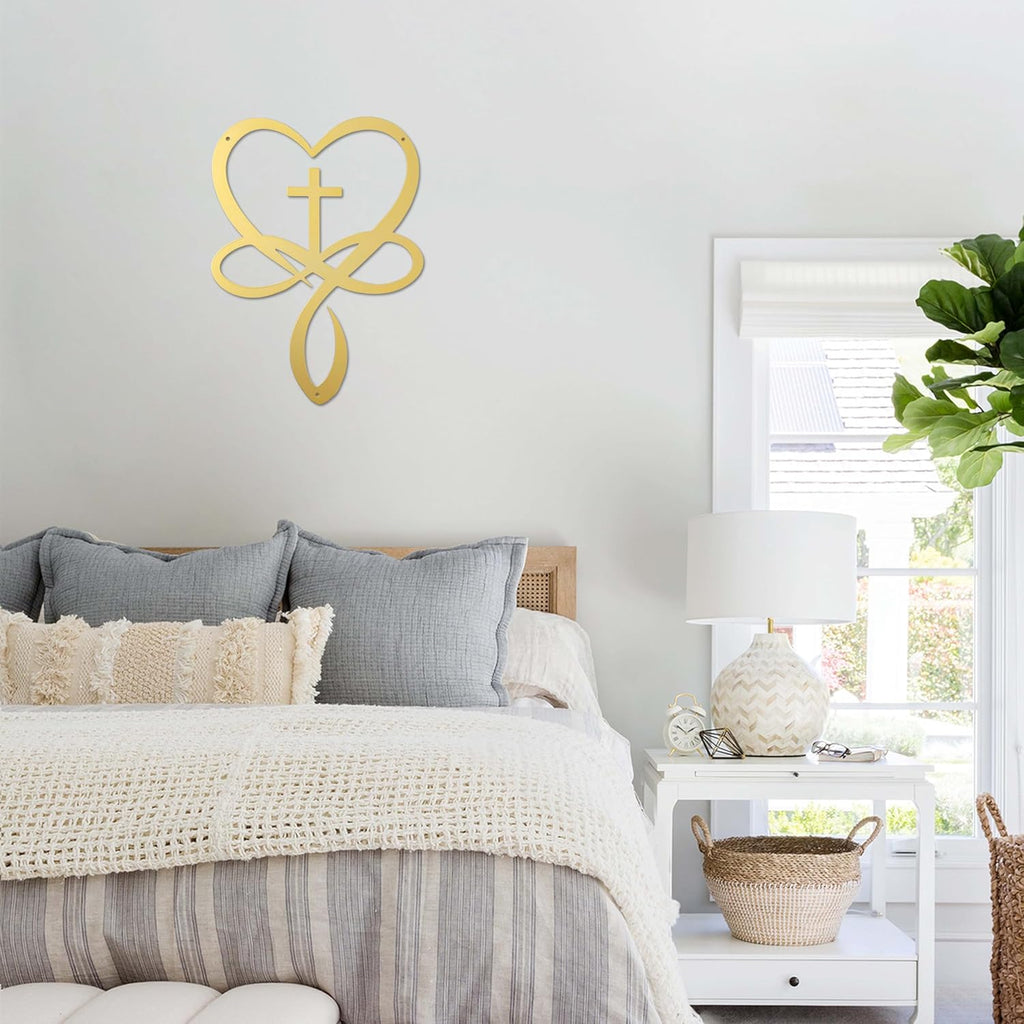 Natrlart Metal Infinity Heart Cross Wall Decor, Unique Cross Decorative Wall Art, Heart And Love Sign Wall Plaques, Love Gift For Adult Home Wedding, Decor Room Bedroom Living Room Decoration（Gold