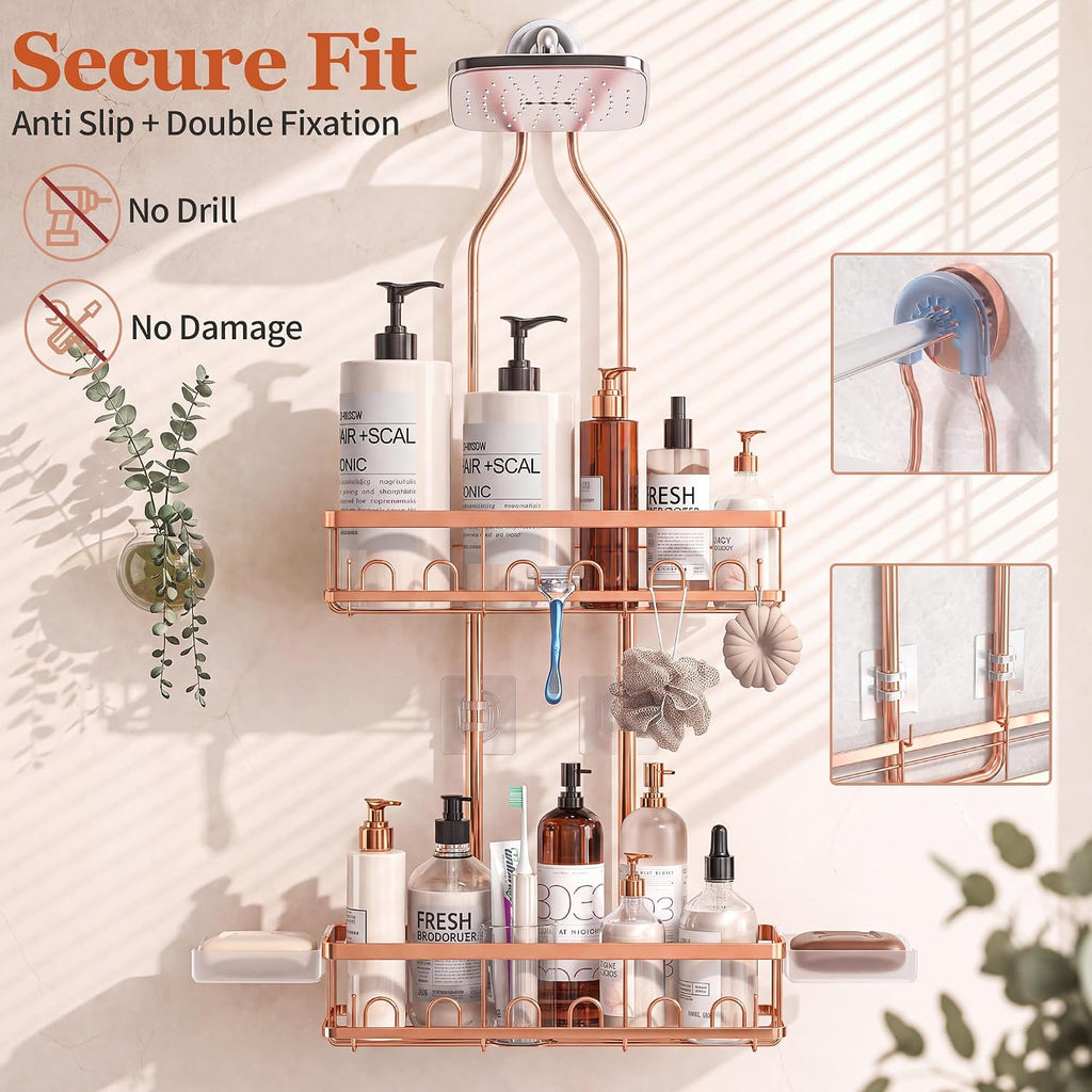 Skyapex Shower Caddy Hanging: Adjustable Height No Blocking to Shower Head - Shower Caddy Over Showerhead Shower Organizer - Rustproof Shower Shelves with Hooks 2 Soap Holders, Rose Gold