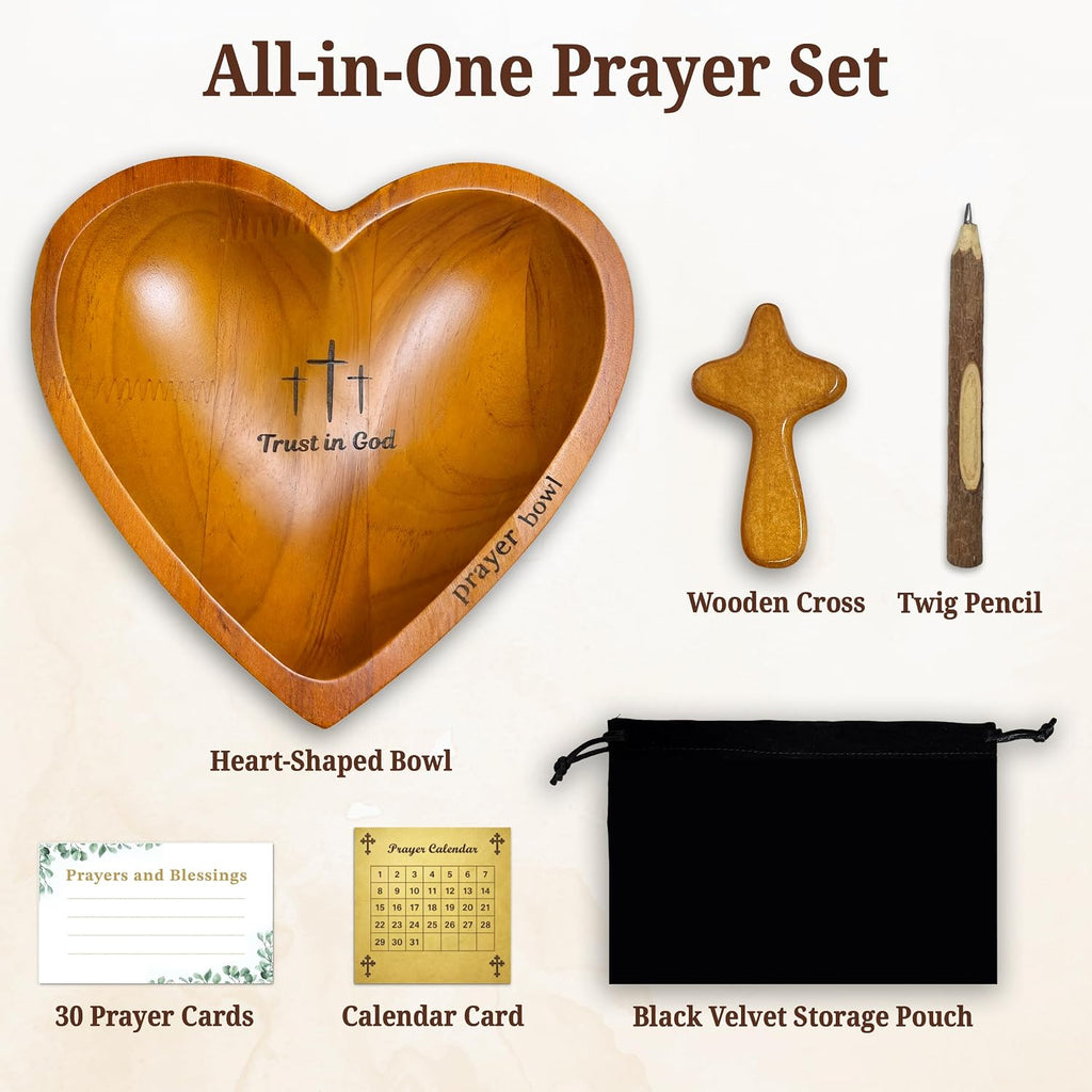 Prayer Bowls for Women Trust In God - Wooden Heart Prayer Bowl with 30 Cards & Wooden Fidget Cross - Birthday Gifts for Christian Women, Godmothers, Mom, Brown Heart Decorative Bowl with Storage Bag