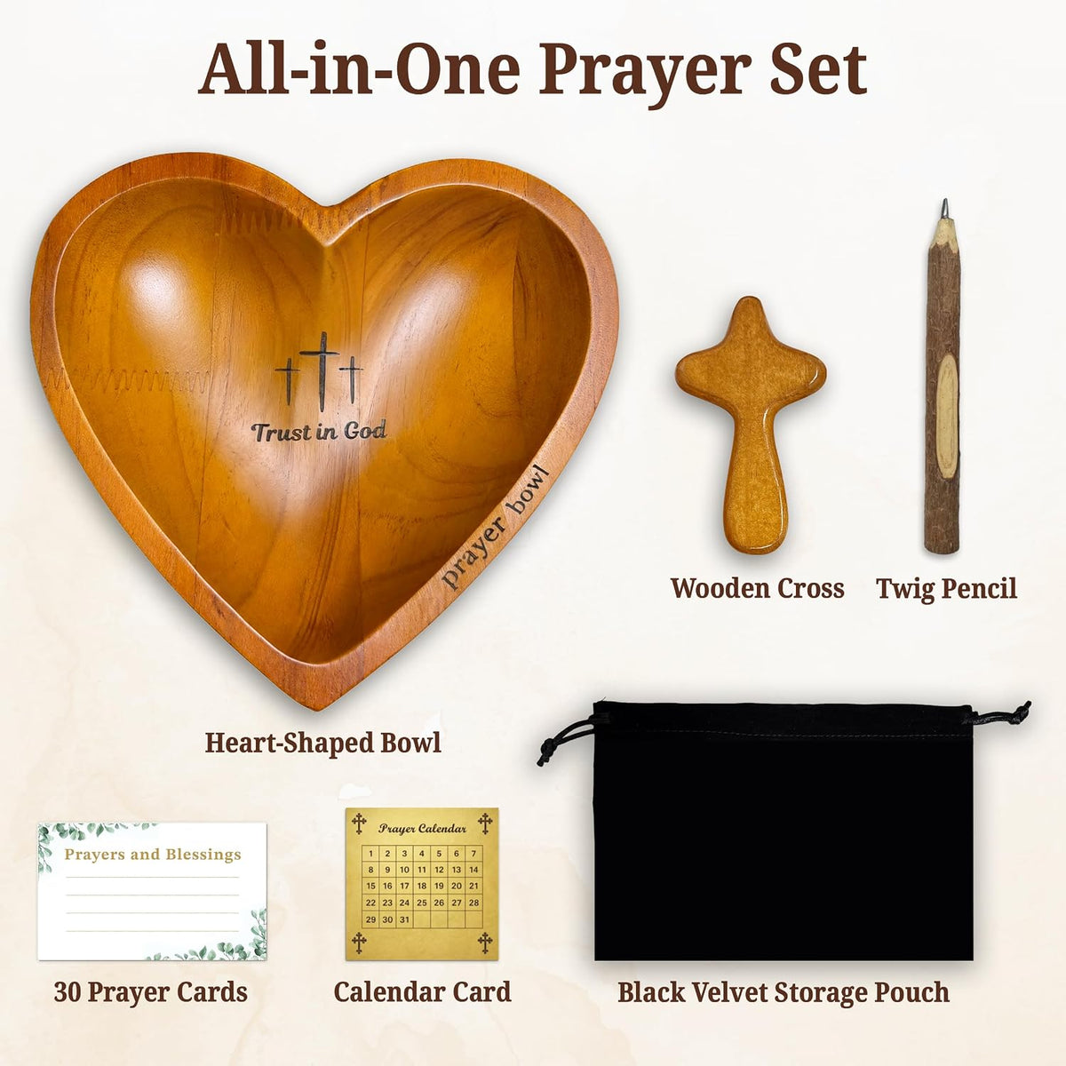Prayer Bowls for Women Trust In God - Wooden Heart Prayer Bowl with 30 Cards & Wooden Fidget Cross - Birthday Gifts for Christian Women, Godmothers, Mom, Brown Heart Decorative Bowl with Storage Bag