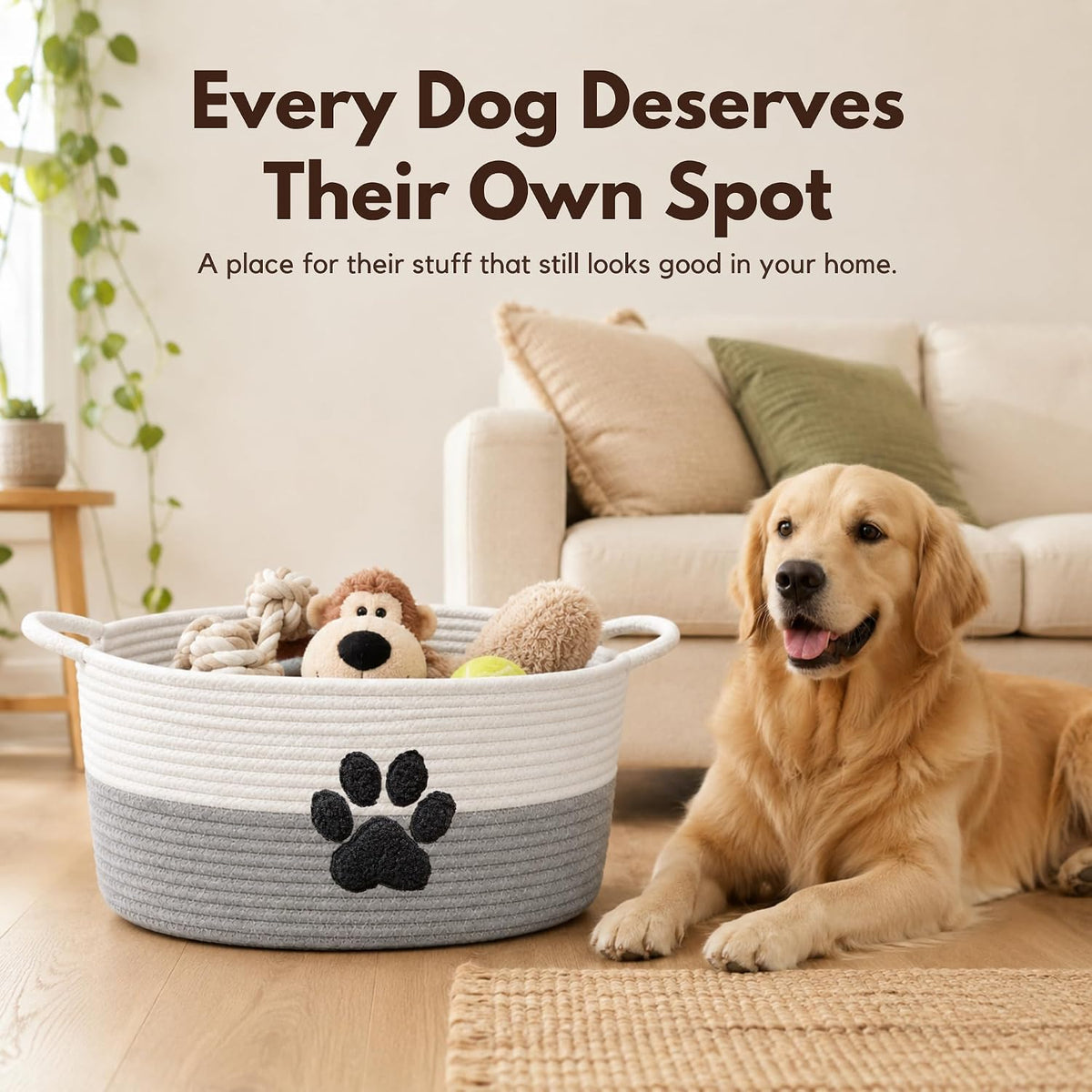 Dog Toy Basket with Handles, Grey Cotton Rope Storage Bin Organizer