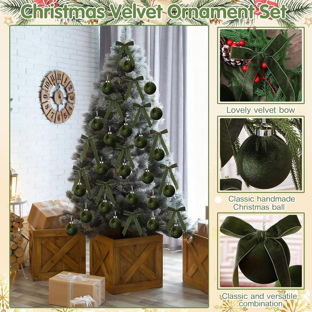 Wettarn 30 Sets Velvet Christmas Ornaments Balls & Bows, Green