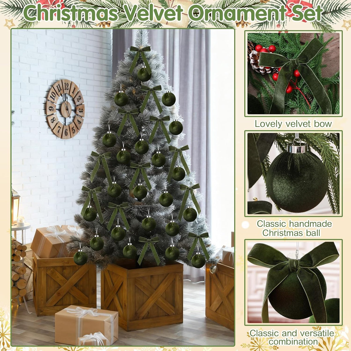 Wettarn 30 Sets Velvet Christmas Ornaments Balls & Bows, Green