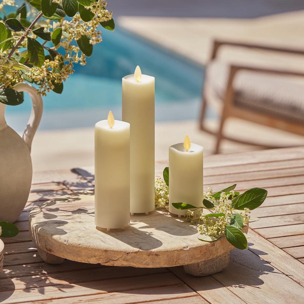 Luminara Outdoor Slim Pillar Flameless LED Candle, Ivory 2" x 4.5", Moving Flame Weather Resistant Timer Ready Battery Operated Safe Melted Edge