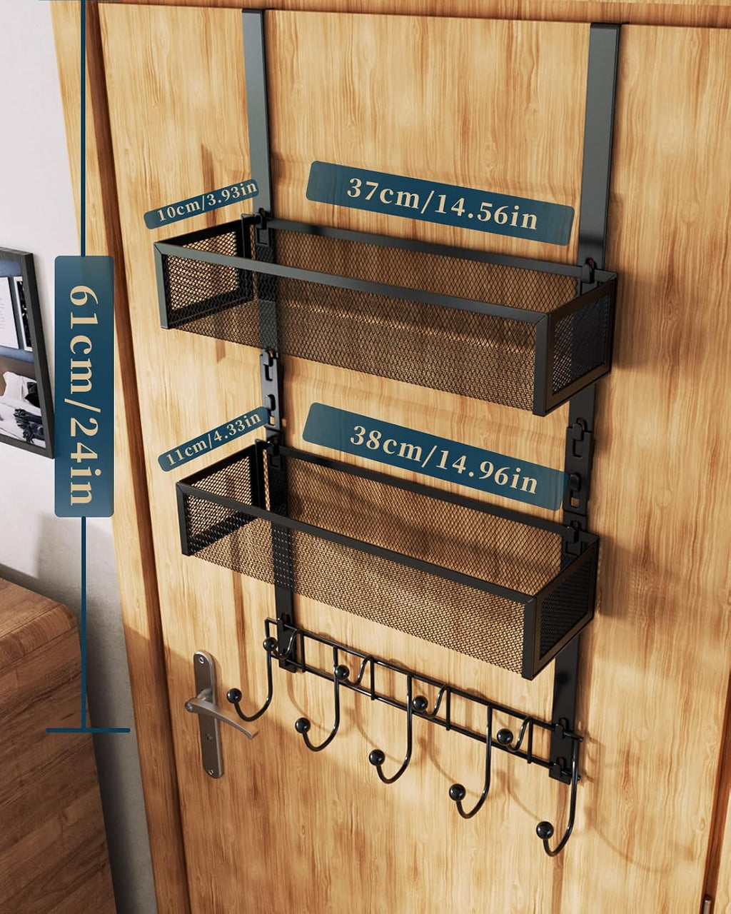 Consumest Over The Door Hooks Organizer - 3 Tier Door Hanger with 9 Coat Hooks & 2 Mesh Basket, Back Storage Organizer Hanging Towels for Bathroom, Bedroom, Black