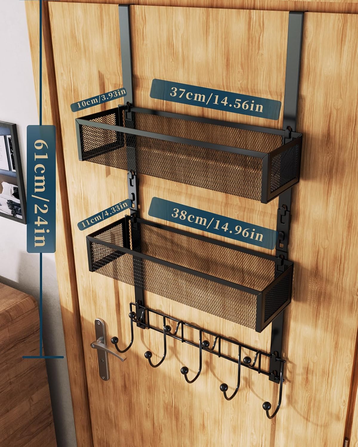 Consumest Over The Door Hooks Organizer - 3 Tier Door Hanger with 9 Coat Hooks & 2 Mesh Basket, Back Storage Organizer Hanging Towels for Bathroom, Bedroom, Black