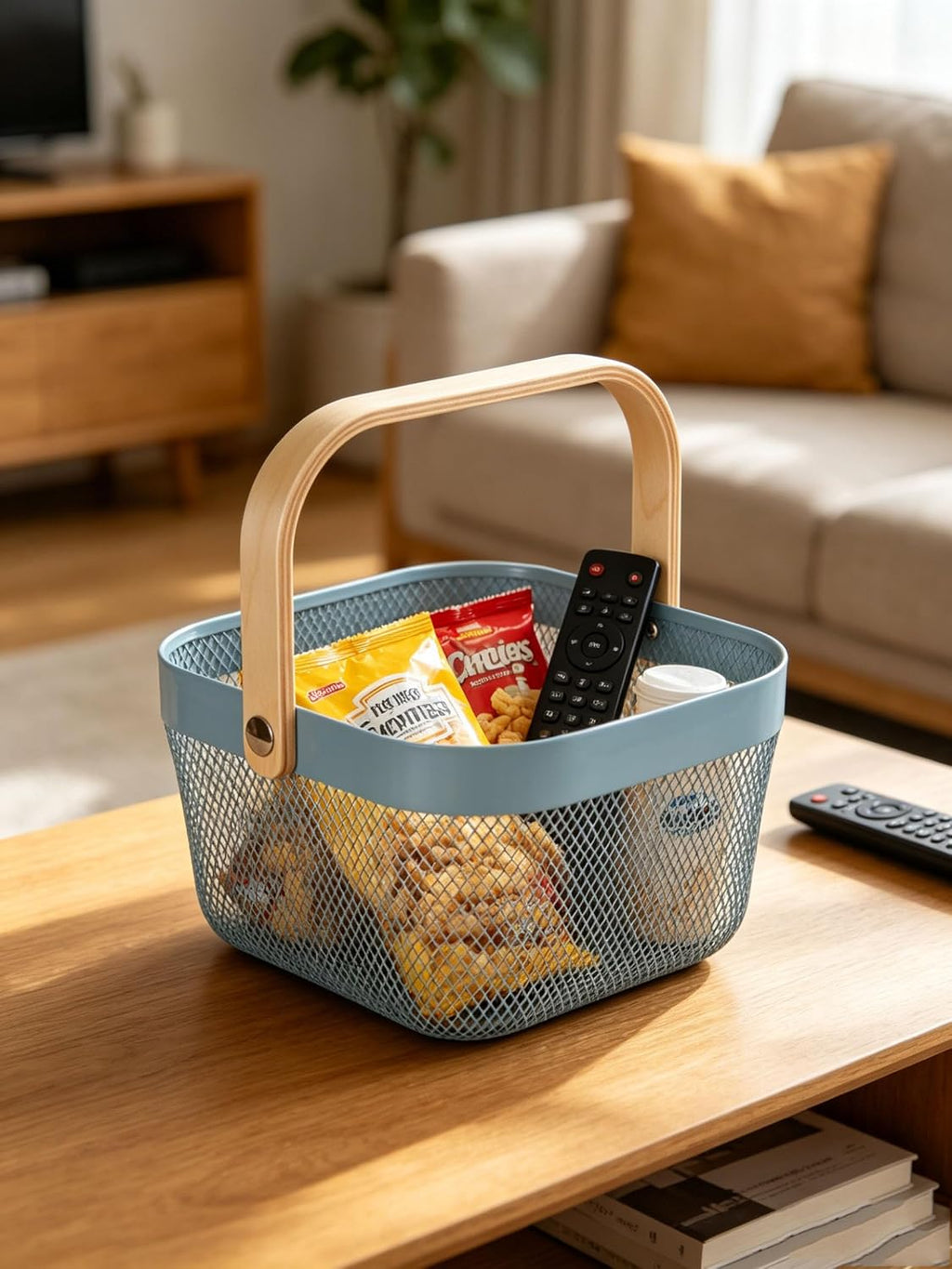 AJIODA Metal Mesh Wire Basket, Mini Steel Basket with Wooden Handle Storage Organizer Basket Multi-functional Hanging Kitchen Baskets Fruit Baskets for Kitchen Bathroom Cabinet Pantry Snacks, Blue