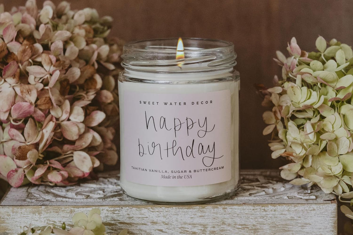 Sweet Water Decor Happy Birthday Soy Candle - Vanilla Sugar & Buttercream Sweet Scented Happy Birthday Candle Gift for Mom, Friends & Girls - 40 Hour Burn Time - 9oz - Non Toxic