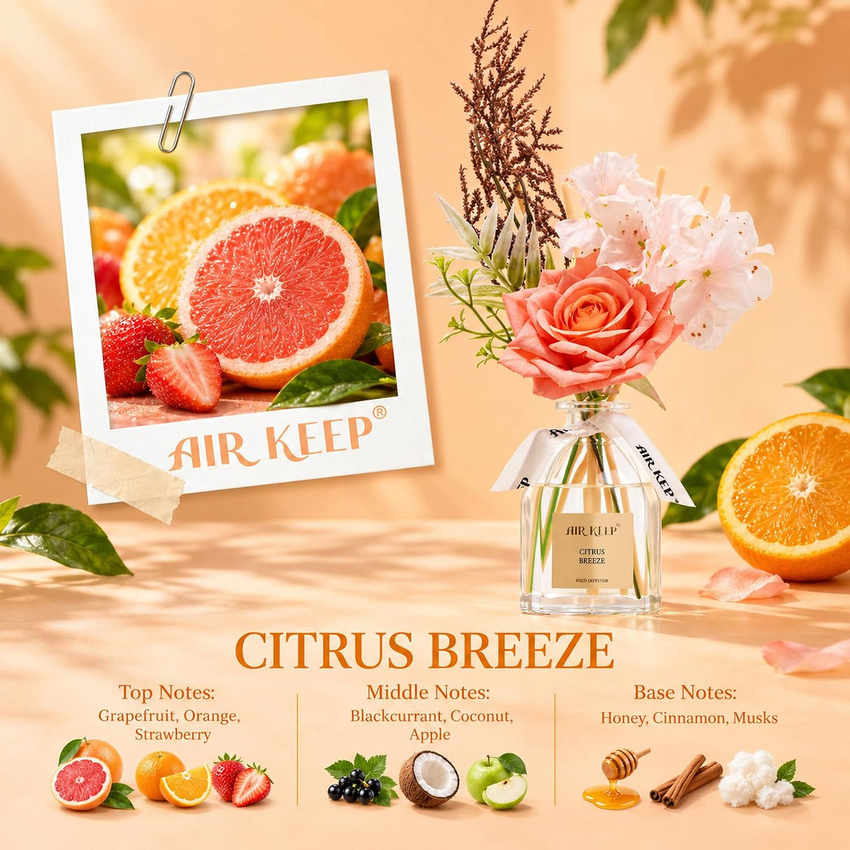 Airkeep Citrus Breeze Flower Reed Diffuser Set, 4.06 fl oz