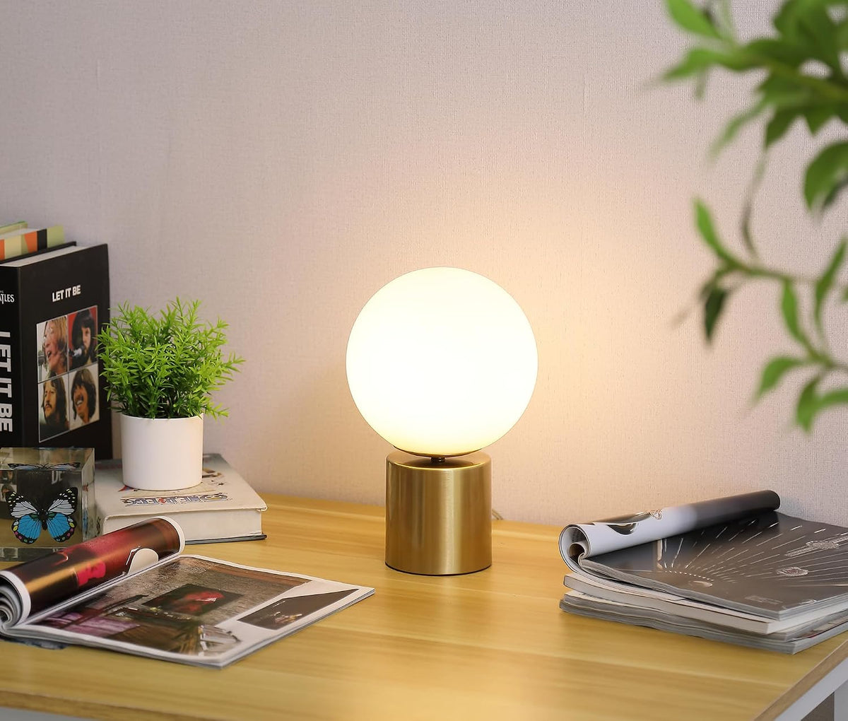 11 Inch Modern Mid Century Gold Globe Table Lamp, Round Bedside Nightstand Lamp with White Glass Shade Metal Base Desk Lamp for Bedroom Living Room End Table