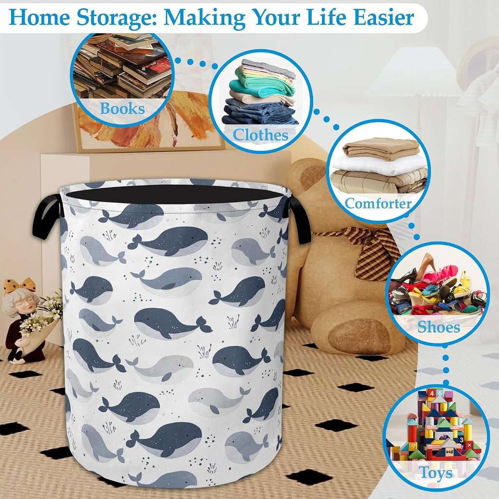Cartoon Whale Laundry Basket Collapsible Laundry Hamper with Handle, Oxford Clothes Toy Storage Bin for Bathroom Bedroom Room Decor, Gift Basket 16" X 20.8"