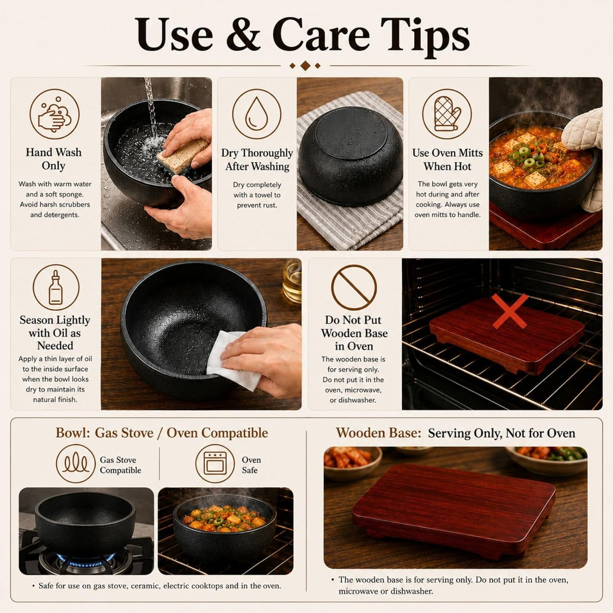 XICHENGSHIDAI Cast Iron Dolsot Bibimbap Bowl, 31 Oz, Wooden Base