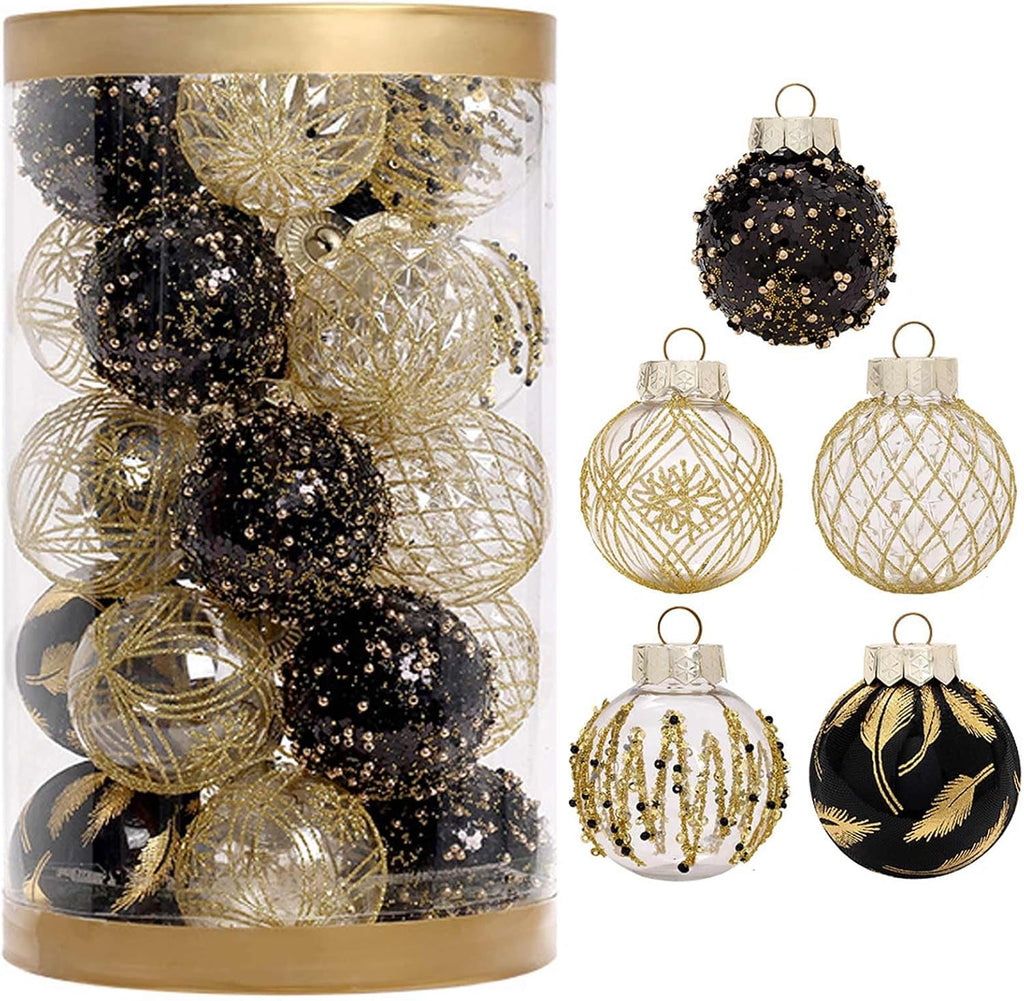 2.36"/60mm Christmas Ornaments Set, 25 PCS Shatterproof Christmas Tree Decor Set, Hanging Plastic Xmas Balls for Home, Holiday, Wedding, Xmas Hanging Decortions (Black Gold)