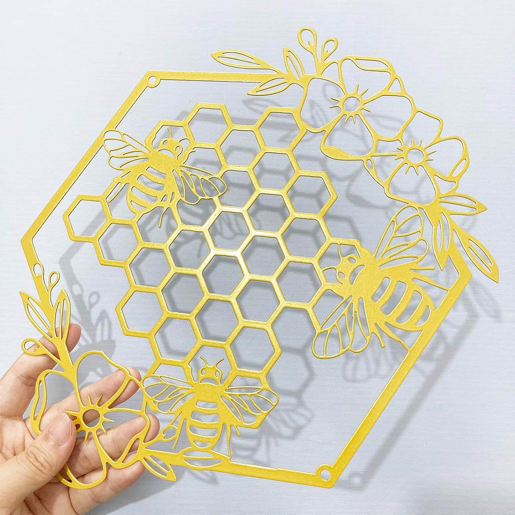 Yuzhuo Metal Bee Wall Art - Farmhouse Honey Bees and Hives with Flowers - Gold, Small