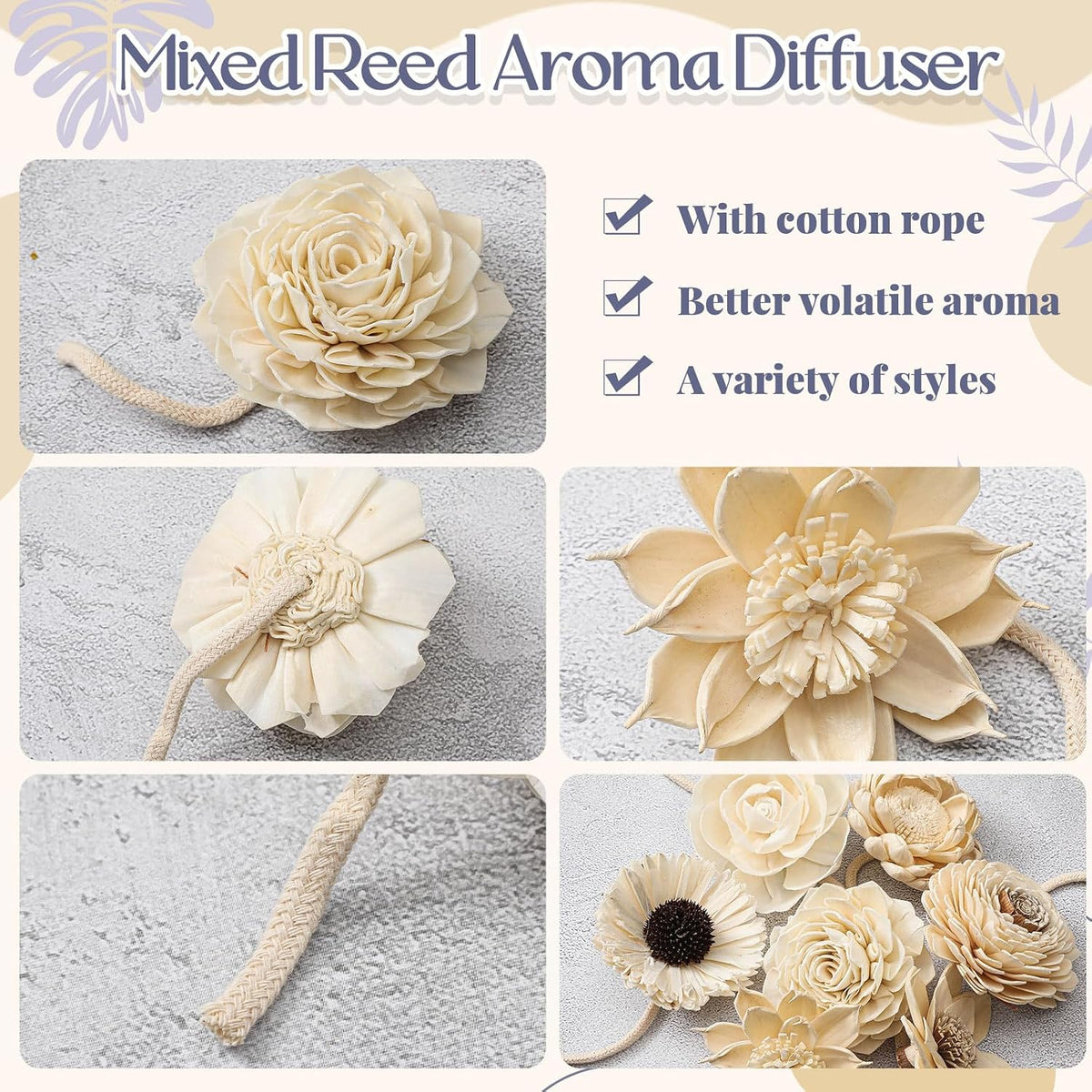 Waydress Flower Diffuser and Reed Stick Set, 1.57-3.15 Inches, Mix