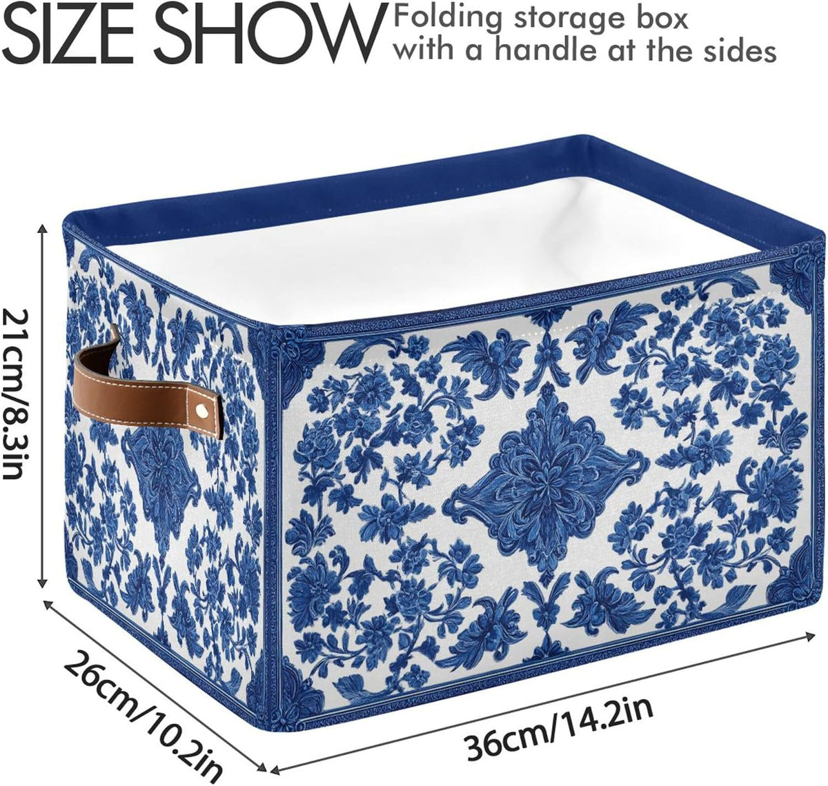 Wamika Blue White Porcelain Storage Basket with Waterproof Liner and PU Handles Flowers Storage Bins Boxes 14.2" Collapsible Decorative Organizer Baskets for Bedroom Closet Office 1 Pack