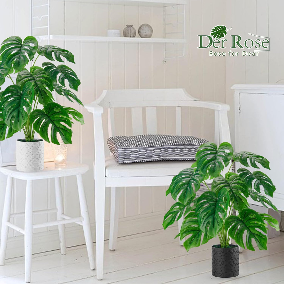 Der Rose 2 Pack 28" Fake Plants, Monstera Plant in Black-and-White Pots