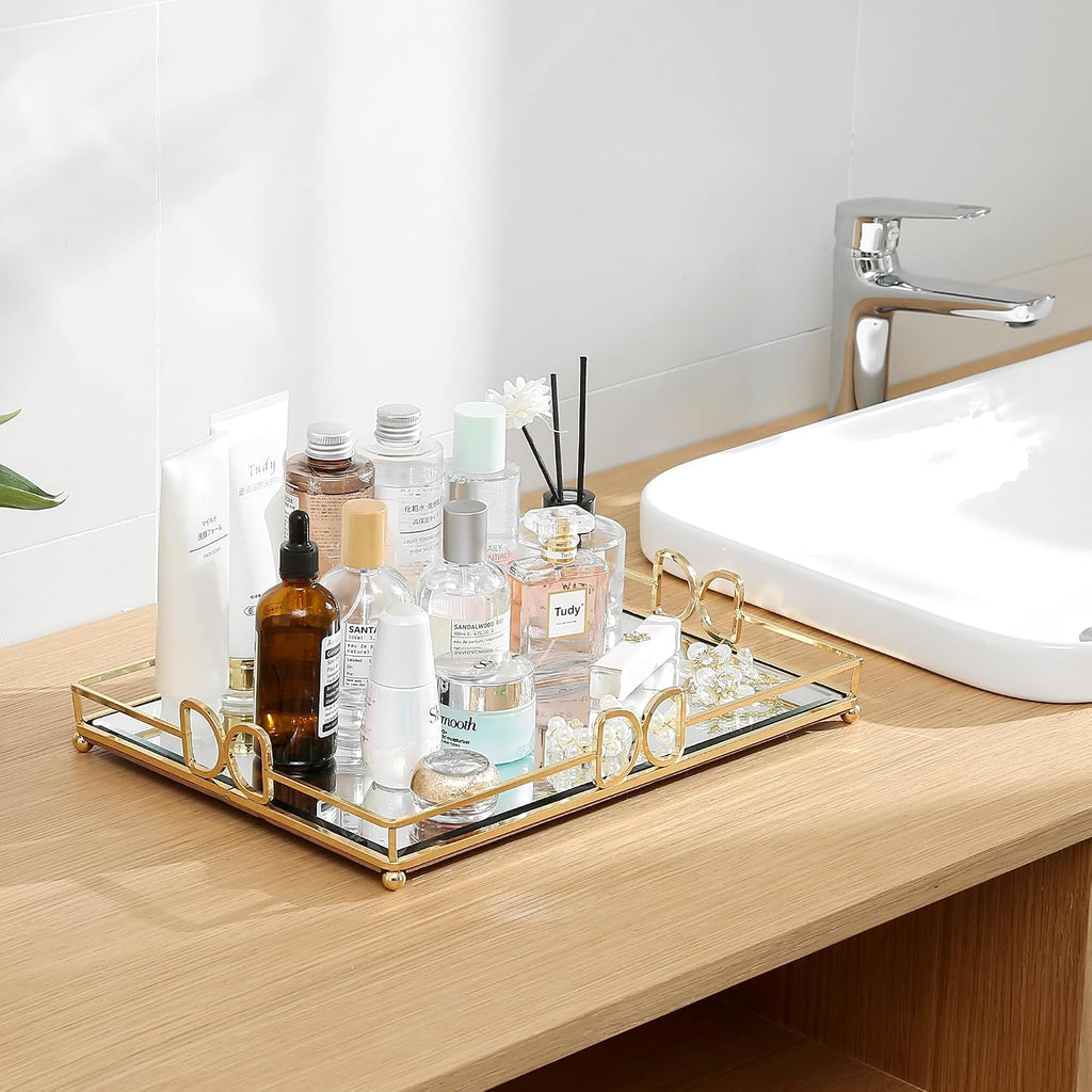 Large Gold Mirrored Tray for Makeup Vanity, 14x10 Entire Length Perfume Organizer for Dresser Top, Elegant Decorative Countertop Storage