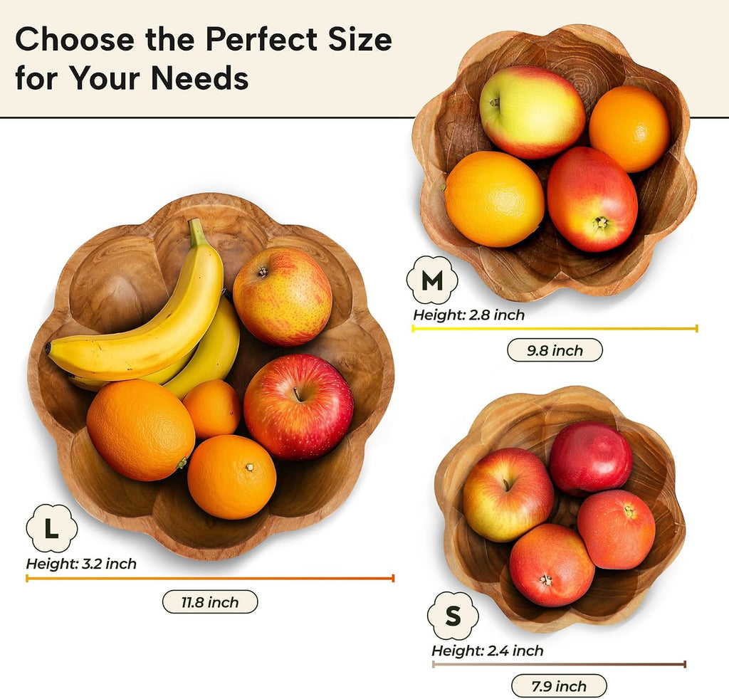 Decorative Wooden Bowl, Large Fruit Bowl for Kitchen Counter, Teak Wood