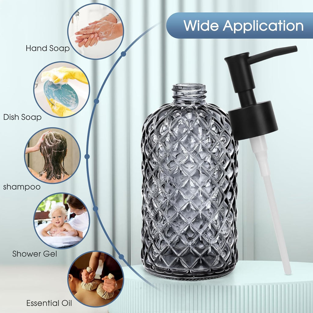 2 Pack Gem Glass Soap Dispenser with Black Plastic Pump, 13oz Liquid Hand Soap Dispenser, Rustproof Pump for Kitchen & Bathroom, Great for Lotions, Essential Oil, Liquid Soaps-Gray