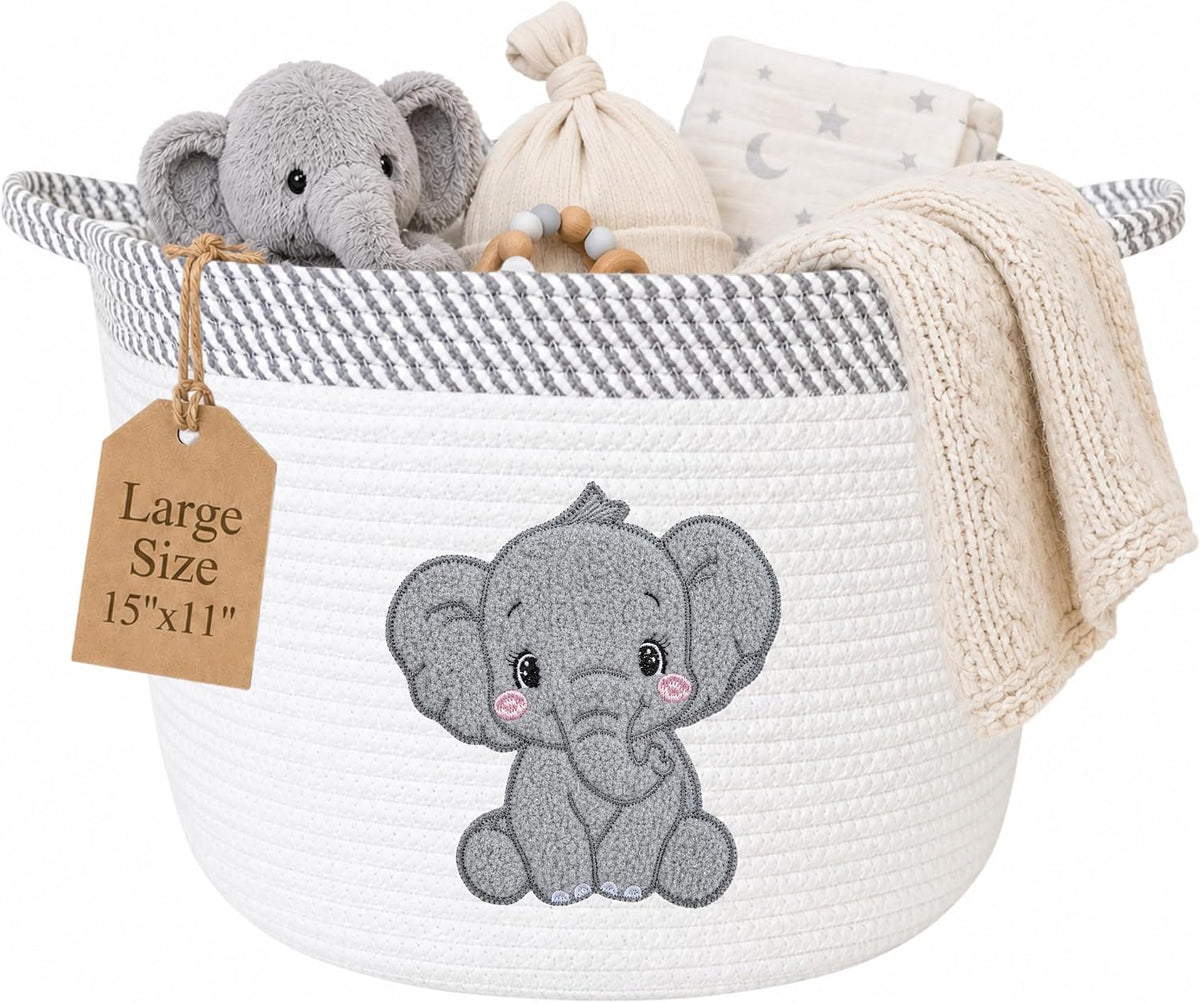Elephant Baby Storage Basket, Woven Cotton Rope Nursery Bin, 15x11 in