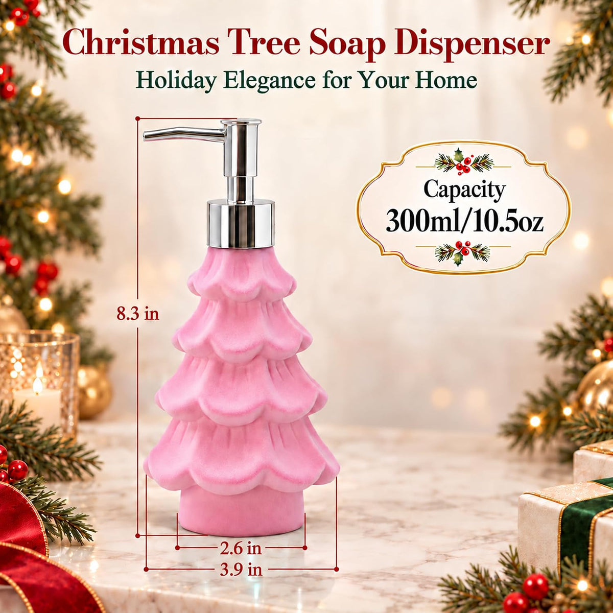 Christmas Soap Dispenser, Flocked Pink Christmas Tree for Bathroom Kitchen