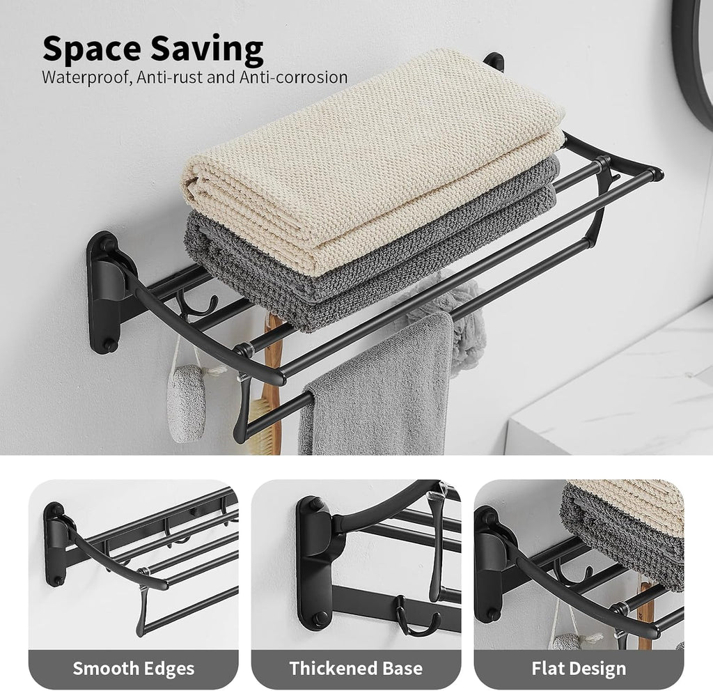 BESy Towel Racks with Foldable Towel Bar Hooks, Wall Mounted Matte Black