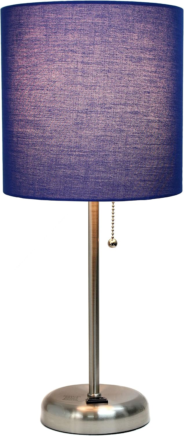 Simple Designs LT1144-NAV Sleek and Slender Brushed Steel Table Lamp with Charging Outlet, for Bedroom, Living Room, Entryway, Office, Dining Room, Study, Navy Blue Shade