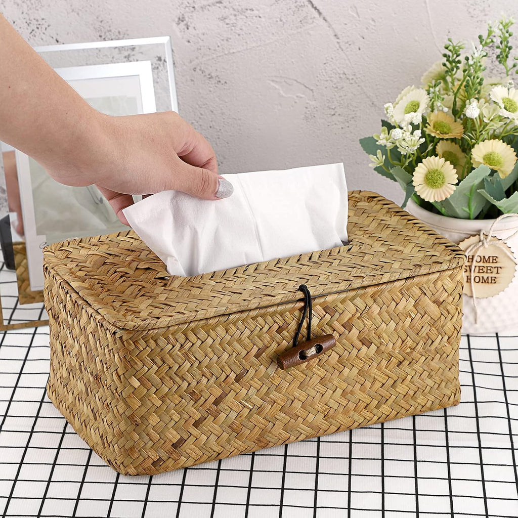 Sumnacon Tissue Box Cover Rectangle Seagrass Woven Tissue Box Holder,Yellow