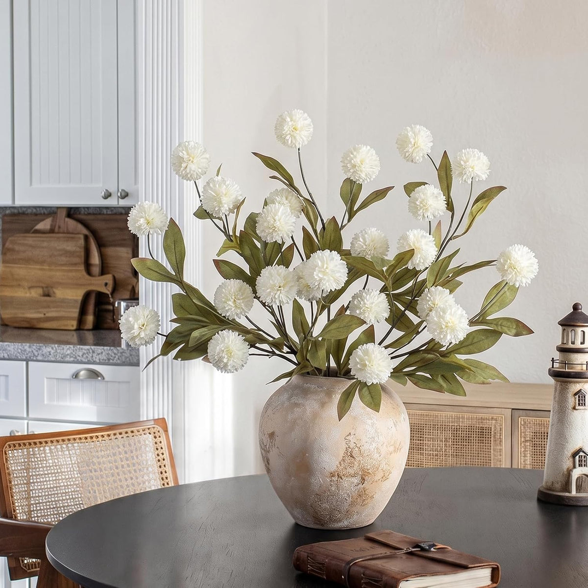 6Pcs 27"Artificial Pompon Mum Stems Silk Flowers for Vase Decor(Cream)