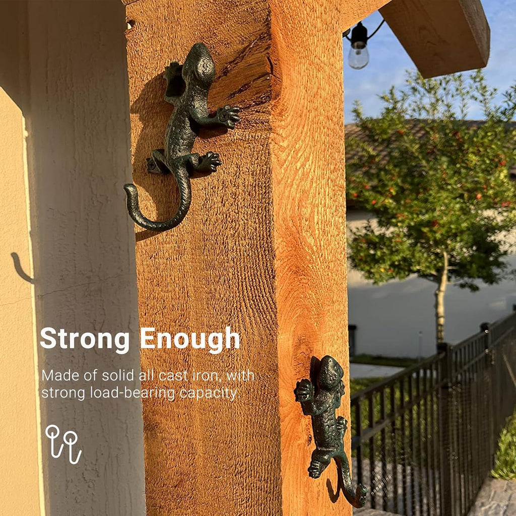 BRONVIA amusediy Lovely Outdoor Cast Iron Pool Towel Wall Hooks, Cool Gecko Heavy-Duty Coat Hooks, Fun Lizard Pool Towel Holder for Outdoor and Indoor， Gecko Key Holder and Wall Décor. Set of 4