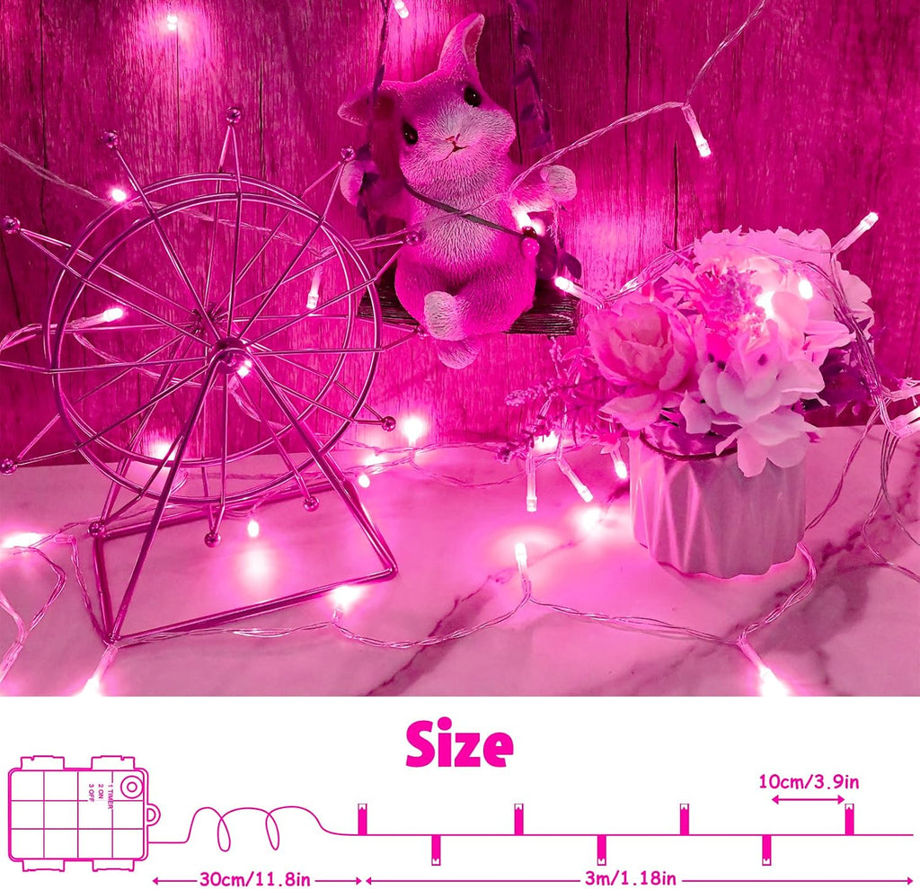 cshare String Lights Outdoor Waterproof 9.8ft 30 LED, Pink Fairy Lights Battery Operated with Timer Clear Wire for Indoor & Outdoor Christmas Valentine's Day Decorations Garland Party Garden
