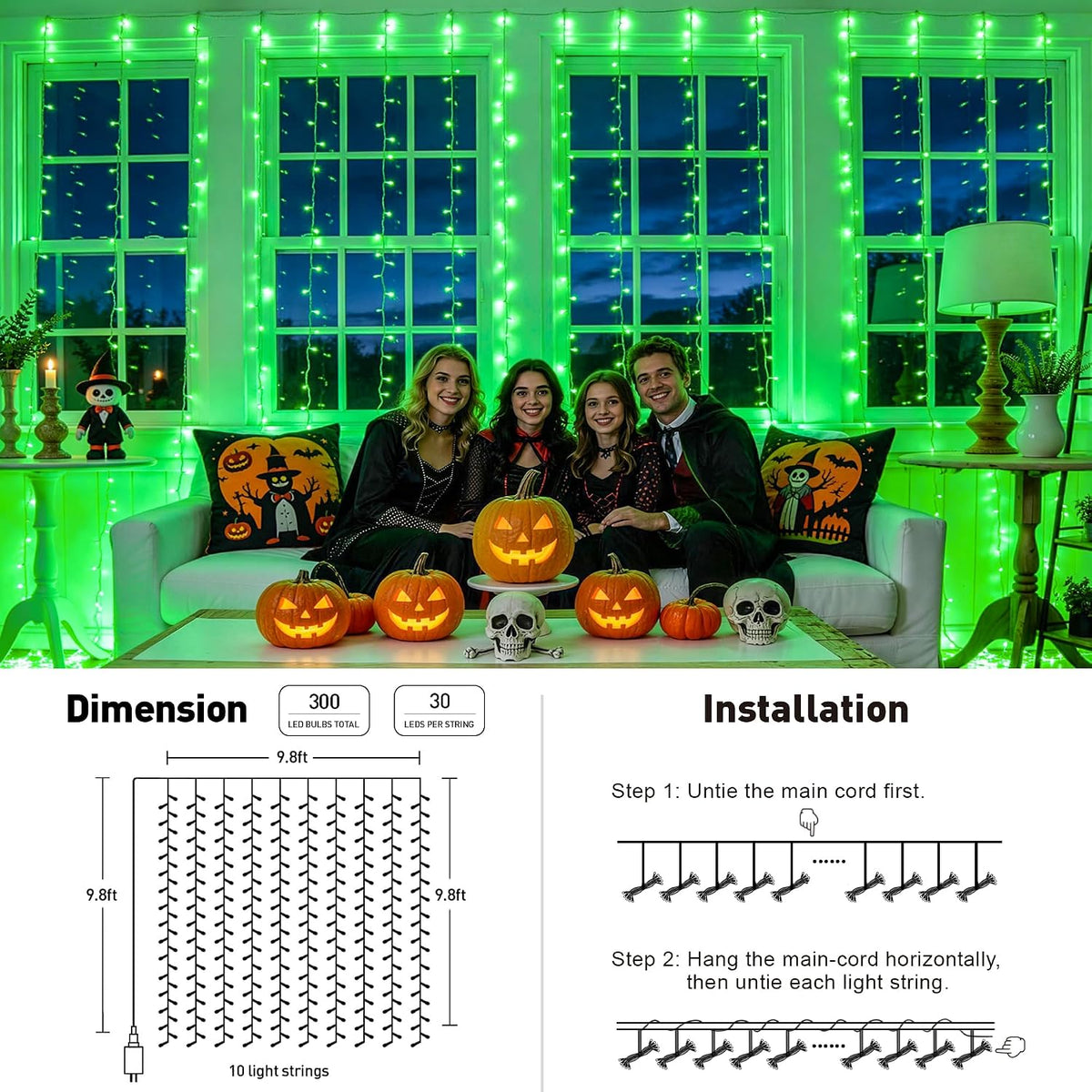 JMEXSUSS 300 LED Green Curtain Lights for Halloween Decor, 9.8x9.8ft
