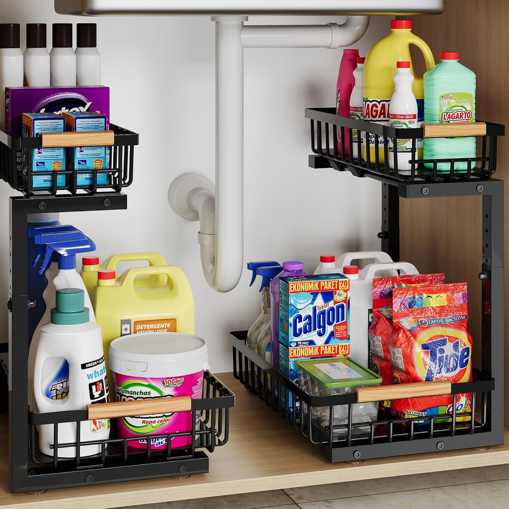 Under Sink Organizer Storage for Families: Pull Out Storage Undersink Organizers Drawer Cabinet - Sliding 2 Tier Rack Metal Organization Under Counter Kitchen Bathroom for Homemakers(Black,2 Pack)