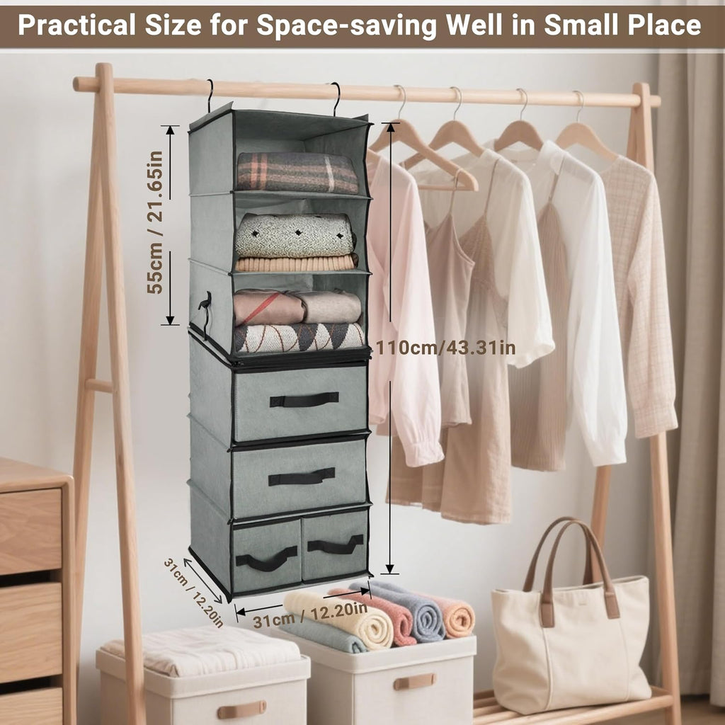 2-in-1 Durable 6-Tier Hanging Shelves Closet Organizer with 4 Removable Drawers,2 Separable 3-Shelf Hanging Clothes Storage Organization Space-saving for Clothing Rack,Bedroom,Bathroom,Guestroom,Dorm