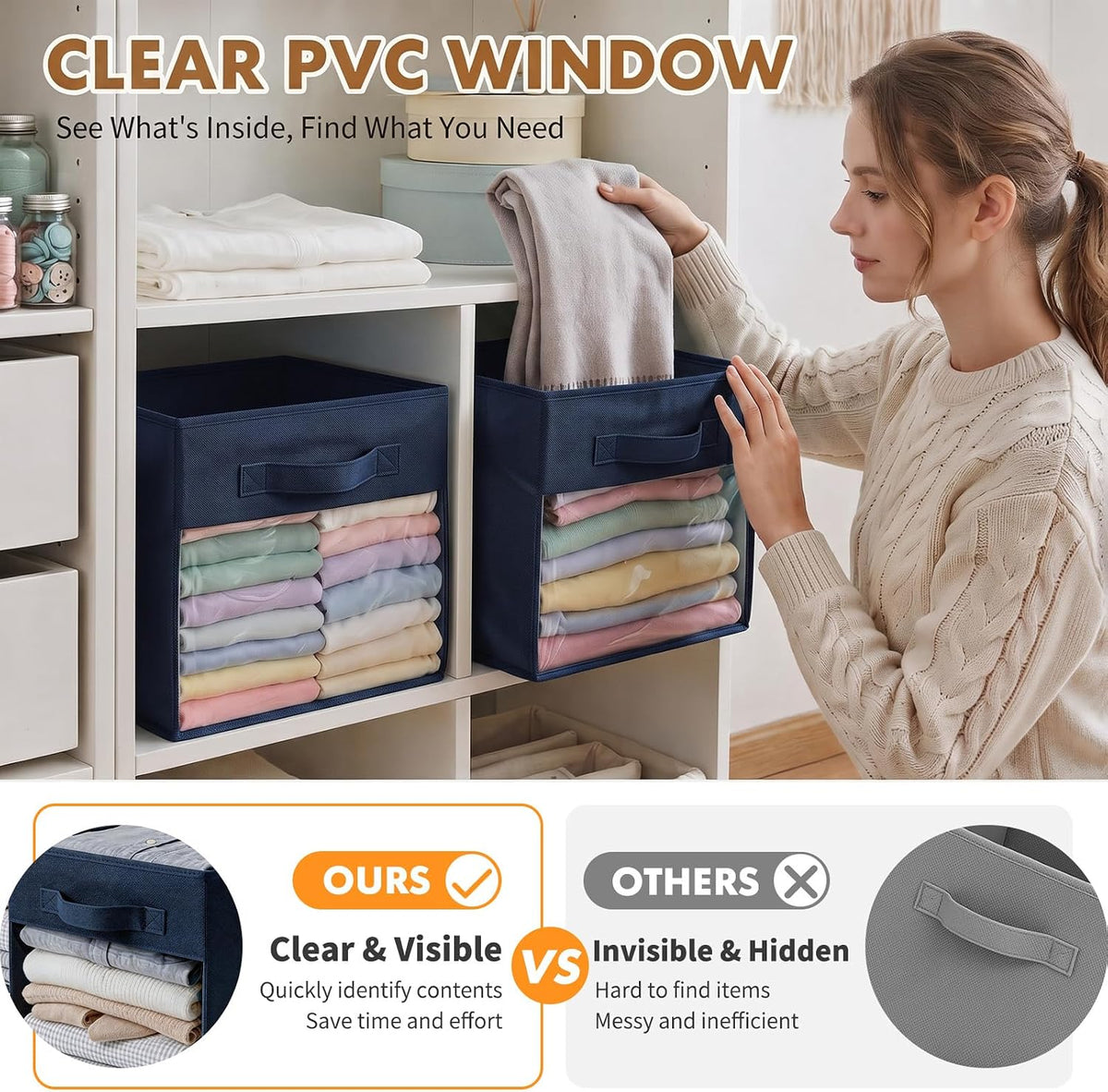 ShellKingdom Storage Bins, Foldable Fabric Storage Cubes with Clear Window