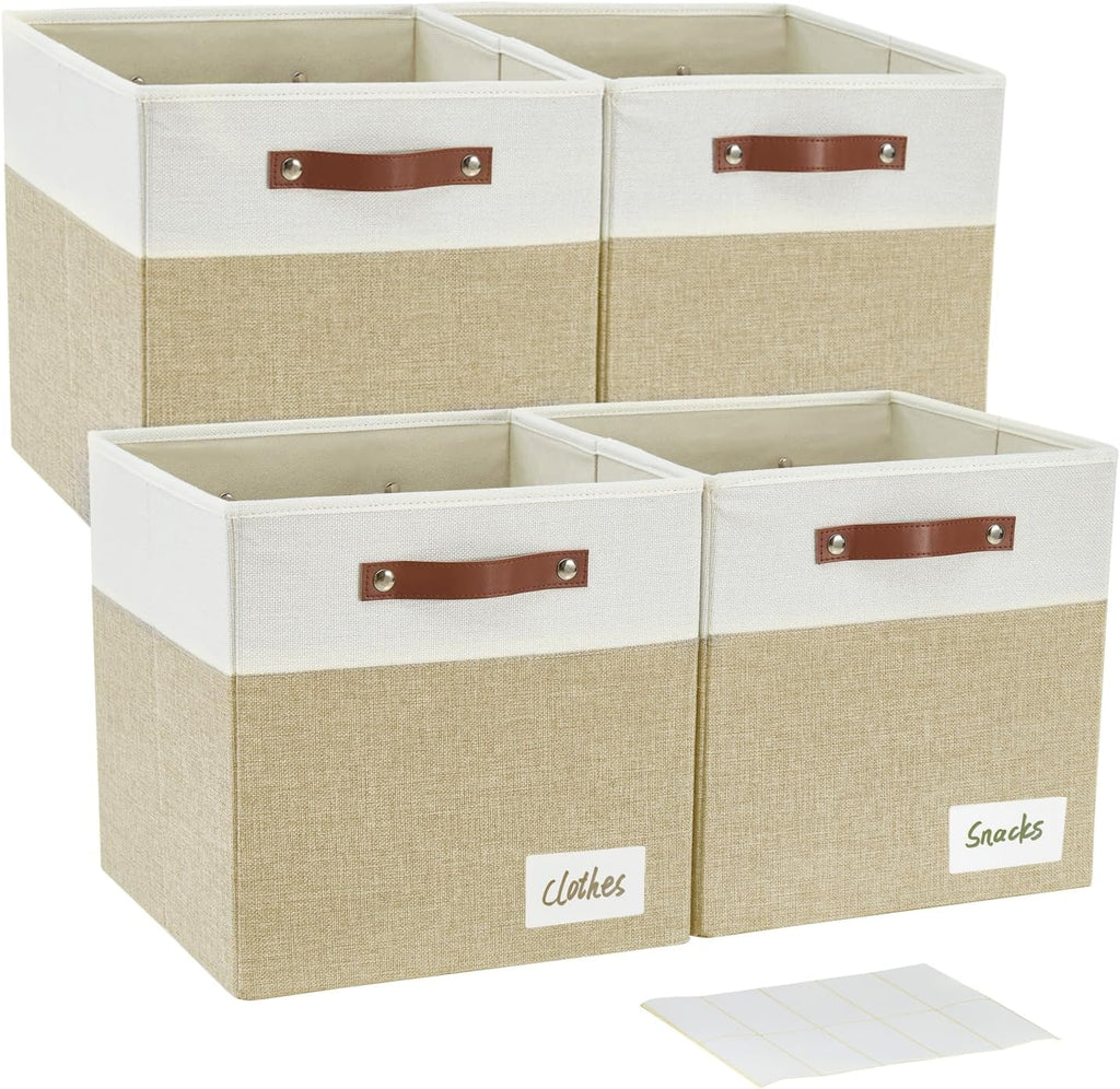 Bagnizer Collapsible Fabric Storage Cube Bins with 2 Reinforced PU Handles, Foldable Storage Organizer Baskets for Closet, Shelves, Living Room | 11"x11"x11", 4 Pack, Beige & White